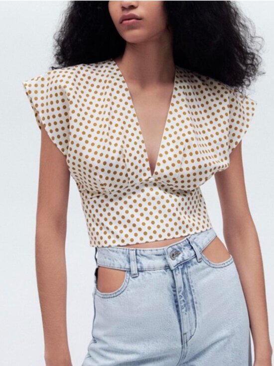 Zara Tops - ZARA Linen Blend Polka Dot Crop Deep V Neck Tie Back Blouse Top White Mustard M